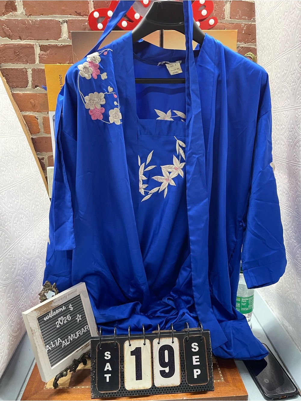 Vintagee Natori Cobalt Blue Slip Nightie Lingerie robe embroidered
